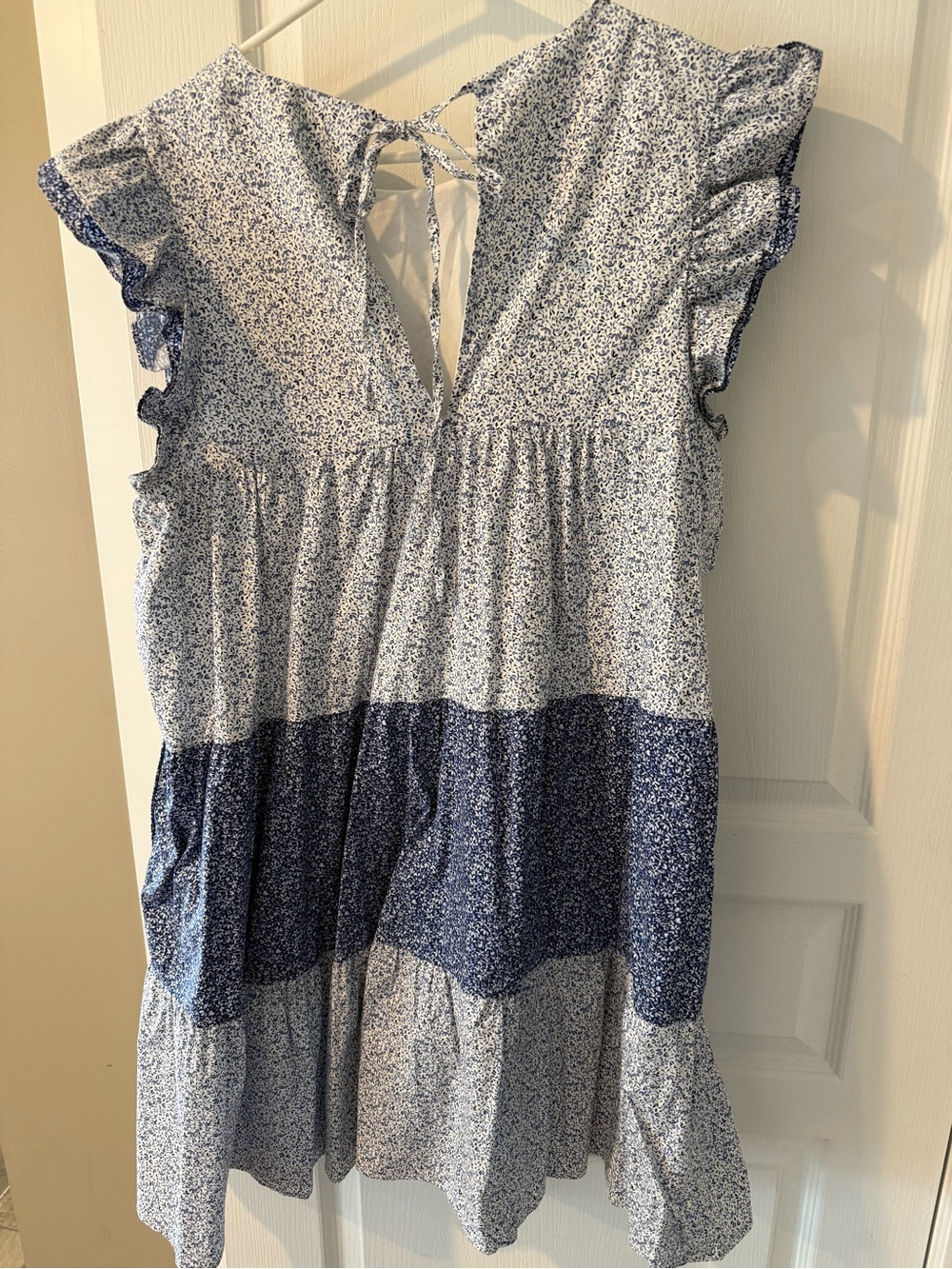 English Factory Blue and White Floral Tiered Sundress with Ruffled Sleeves - Picture 2 of 4